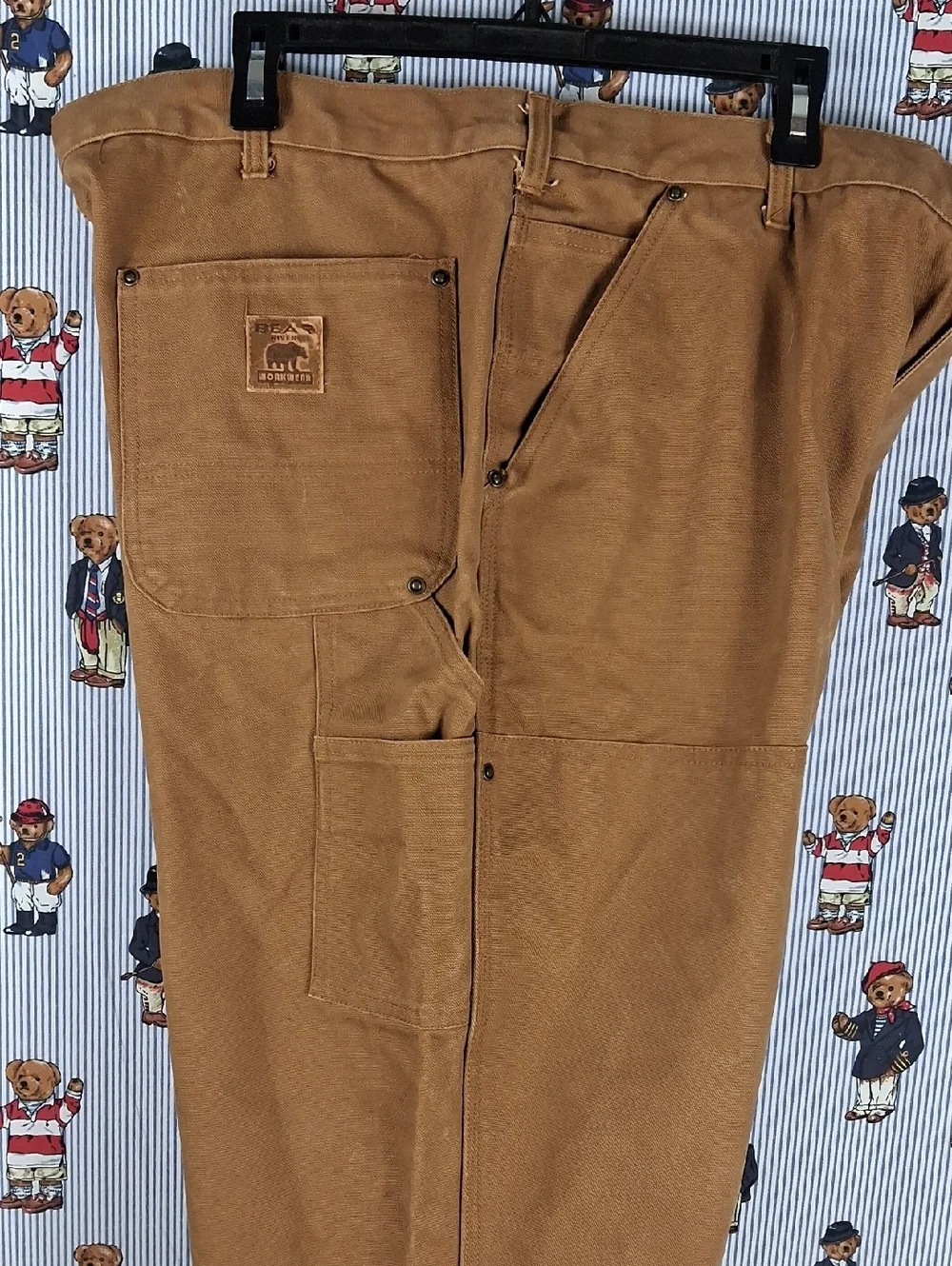 Vintage Bear River Workwear Brown Canvas Double Knee Wide Leg Work Pants 42/30